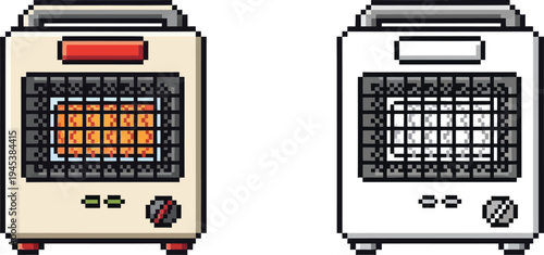 Pixel art illustration of two portable electric heaters, one active with an orange glow and one inactive, depicted in a retro 8-bit style.