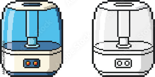 Pixel art illustration of a modern ultrasonic humidifier with a blue water tank and a grayscale outline version, suitable for digital design and icons.
