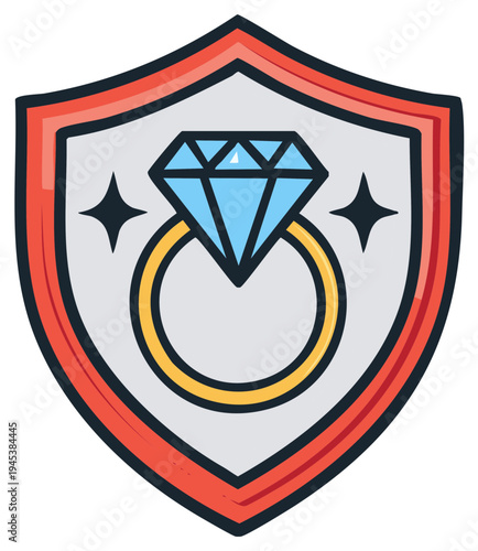 Diamond ring on a shield with stars, representing security and valuable possessions