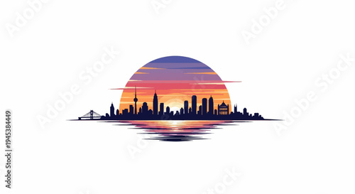 Silhouette cityscape at sunset with reflection on water