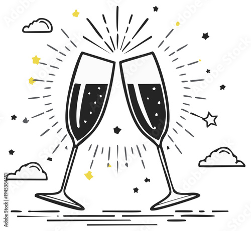 Two Clinking Champagne Flutes with Sparkling Celebration Elements