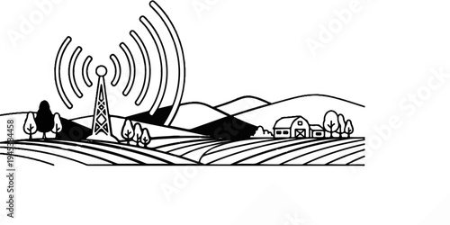 Rural landscape with a radio tower, farm buildings, and rolling hills under a sky