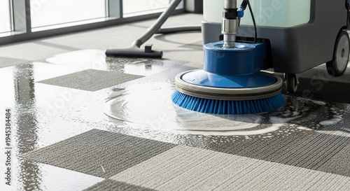 Professional industrial carpet cleaning machine actively scrubbing and foaming on checkered office floor, ensuring pristine commercial premises.