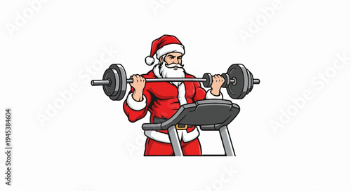 Muscular Santa Claus lifting weights on a bench press