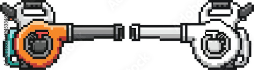Pixel art illustration of two leaf blowers, one in vibrant orange and teal colors, and the other in a grayscale outline, facing each other horizontally.