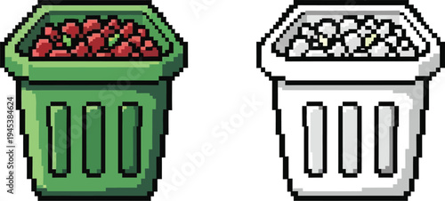 Two pixel art style bins, one green with red contents, the other white with white contents, resembling planters or baskets.