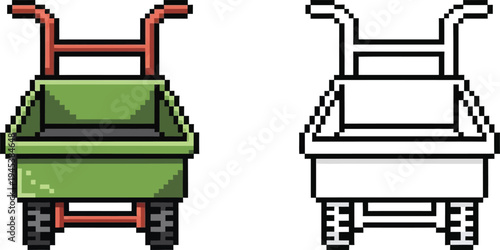 Pixel art illustration of a green garden cart with red handles and black wheels, alongside its black and white outline version, viewed from the front.