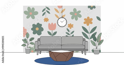 Cozy living room with floral wallpaper, sofa, and plants