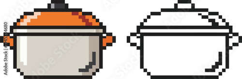 Pixel art illustration of a cooking pot with an orange lid and a grey body, presented alongside its black and white outline version, ideal for retro game design.