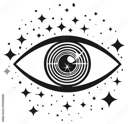 Abstract stylized eye with concentric circles and sparkling stars creating a magical cosmic aesthetic in monochrome illustration
