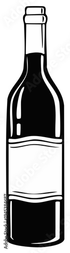 Black and white illustration of a wine bottle isolated, with label ready for text
