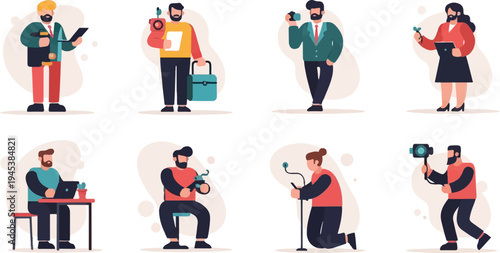 Diverse characters engaged in various activities like photography, work, and holding items