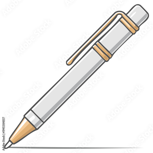 Classic white and gold ballpoint pen vector illustration. An isolated office and school supply for writing.