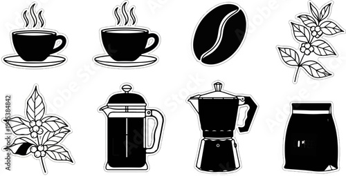 Collection of black and white icons depicting various coffee-related items and ingredients