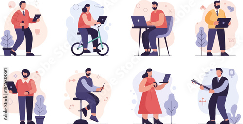 Colleagues engaged in various remote work activities, including cycling, guitar playing, and laptop use