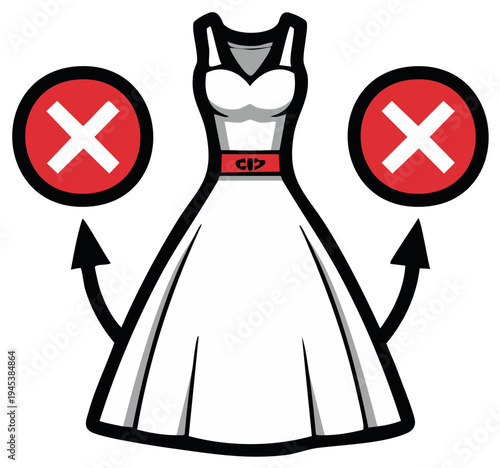 Refusing wedding dress with red X marks and arrows symbolizing a negative choice with no sign, a dress refusal or declined choice