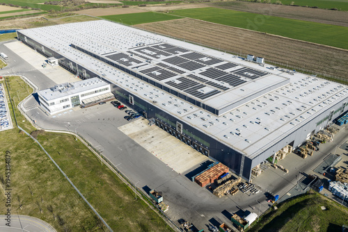 Aerial drone view to big transport logistics center on the Trakia motorway near to Sliven, Bulgaria