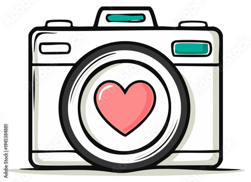 Digital camera outline with heart symbol representing love of photography in a white illustration