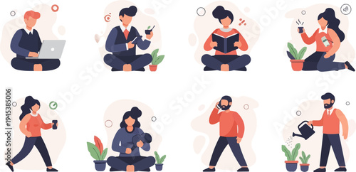 Diverse individuals engage in various relaxing and productive activities