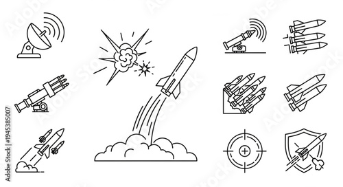 Collection of missile and weapon system line art icons.