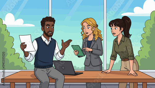 vector of a dynamic business meeting with diverse professionals, a man standing on the table actively discussing ideas with colleagues, representing collaboration and innovation.