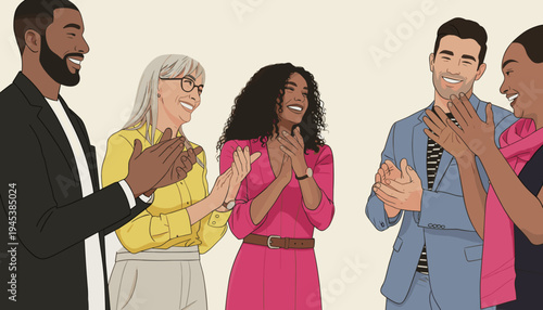 vector of a diverse group of happy professionals clapping and smiling, celebrating success, appreciation, and teamwork in a positive environment.