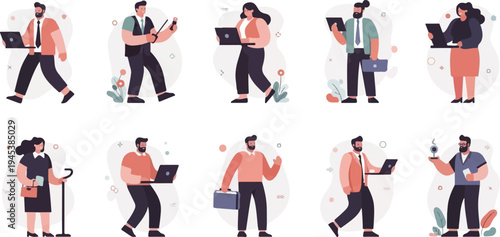 Diverse professionals engaged in various tasks with laptops and accessories