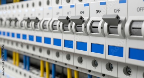Close-up of numerous electrical circuit breakers in an industrial power distribution board, with some switches indicating an 'OFF' position for safety and control.
