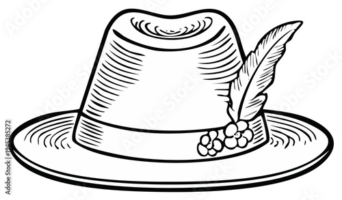 Vintage style hat illustration with feather and decorative elements; black and white graphic design for print, sticker, or web design.