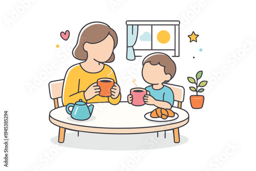 Mother and child enjoying hot drinks and pastries at a table woman family