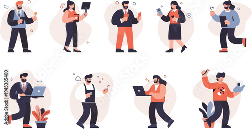 Diverse individuals engage in various activities, showcasing modern work and life