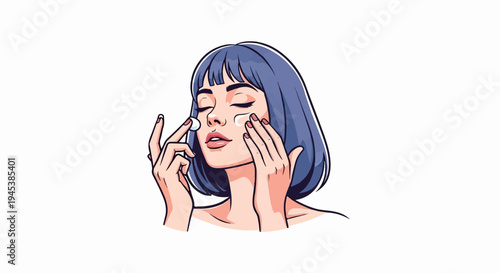 A young woman with short blue hair applies face cream with her fingers