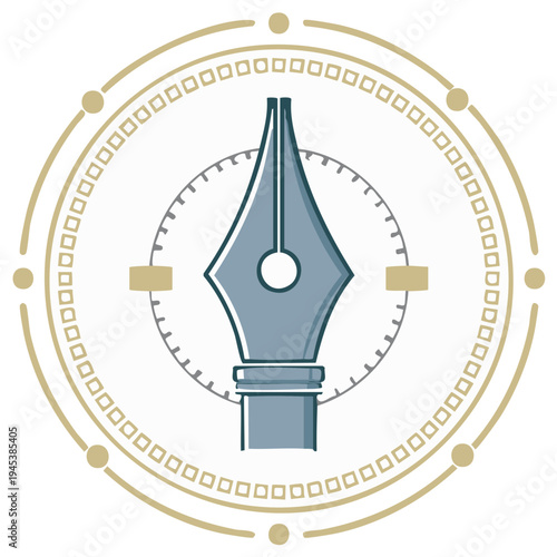 Elegant pen nib surrounded by ornate clocklike circle, representing creation and timekeeping