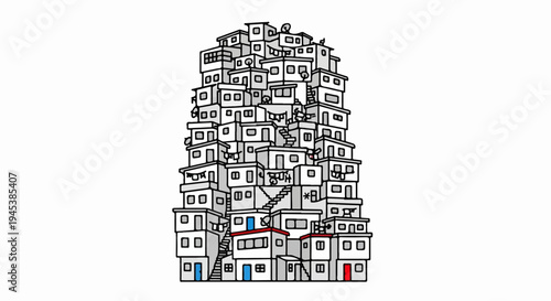 Dense urban hillside dwellings with stacked, irregular structures