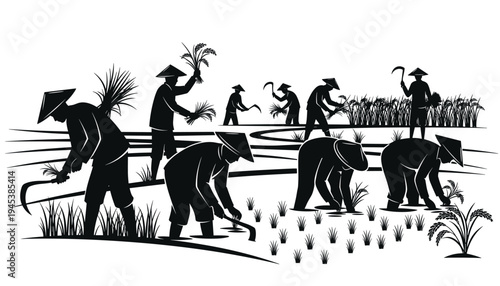 Farmers Working in Rice Field Silhouette Illustration, Agriculture and Farming Activity Concept