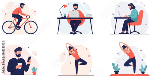 Diverse modern individuals engaged in work, exercise, and leisure activities