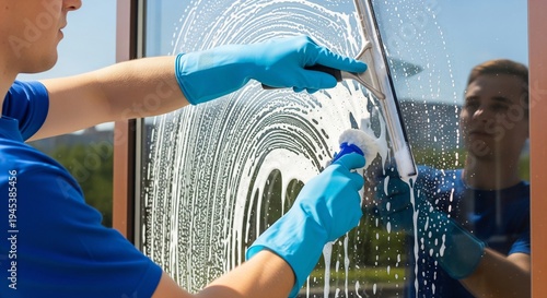 Close-up of a professional window cleaner wearing blue gloves, expertly using a squeegee and scrubber to clean a glass surface with soap suds on a sunny day.
