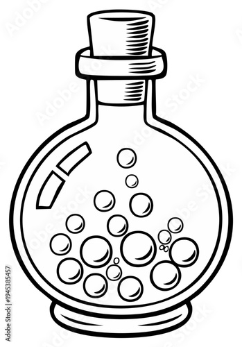 Outline Illustration of a Potion Bottle with Bubbles Inside and a Cork Stopper