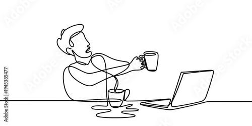 Continuous line man spilling coffee laptop work accident vector illustration