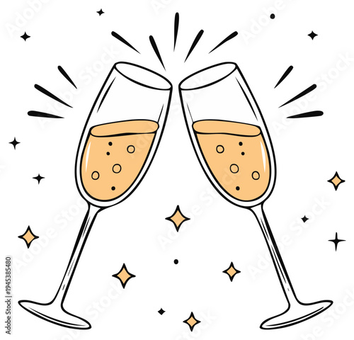 Two champagne flutes clinking together with celebratory stars festive party