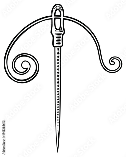 Stylized needle and thread illustration for sewing projects, fabric art, dressmaking and handicraft designs; elegant craft icon for DIY patterns