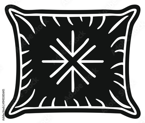 Decorative Pillow Illustration with Geometric Star Motif and Edged Border on Dark Background