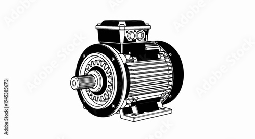 Detailed illustration of an electric motor with ribbed housing and a geared shaft