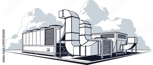 Industrial air handling units with large ducts and vents under clouds