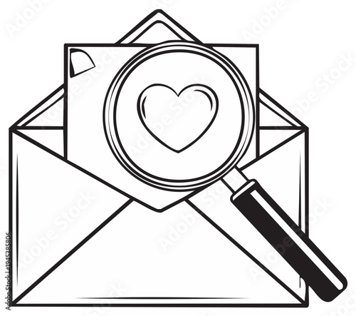Magnifying glass over an open envelope with a heart symbol on paper search for love