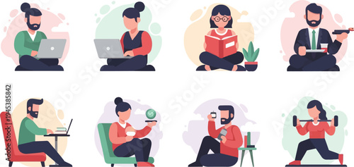 Diverse individuals engaged in various daily activities in a modern, minimalist style