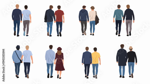 Diverse couples walking together, isolated on white background, casual
