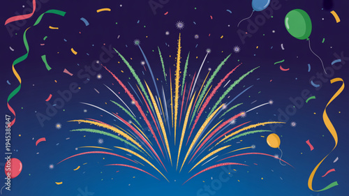 Vibrant fireworks explosion with colorful confetti and balloons in dark blue night sky for celebration