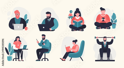 Diverse people engaged in various activities working, reading, and exercising