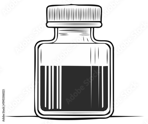 Ink bottle with a black liquid in sketch style, inkwell for drawing in square glass container
